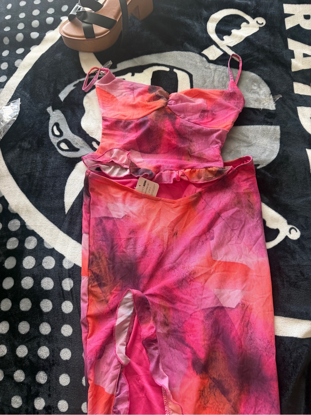 Women's Pink Multi Tie-Dye Two-Piece Dress Set - Spaghetti Strap Top & Skirt